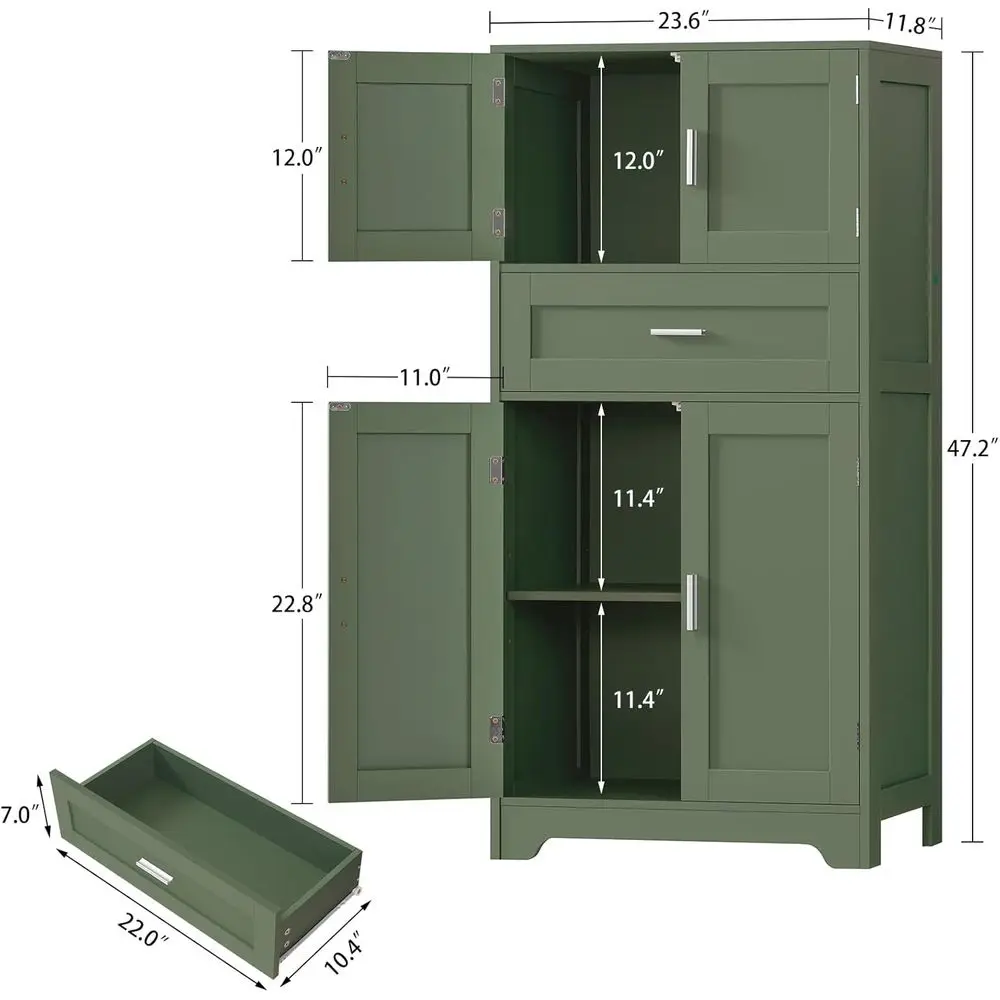 Zielona wolnostojąca szafka łazienkowa z 4 drzwiami i regulowanymi półkami do użytku domowego