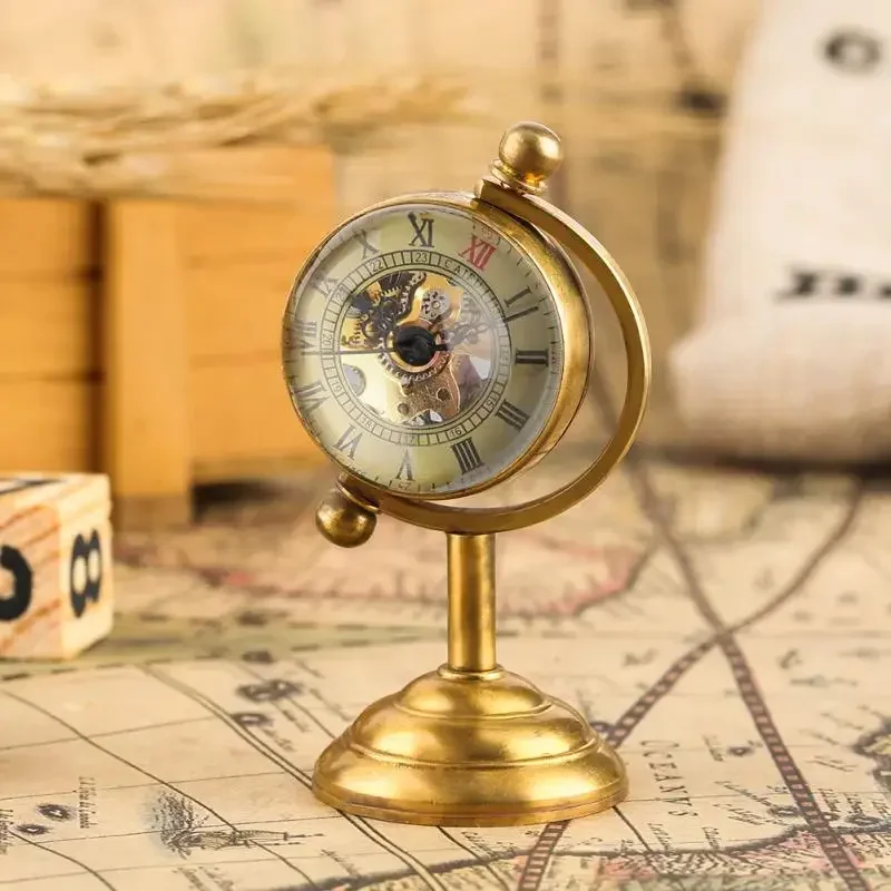 

Luxury Yellow Golden Spinning Globe Desk Mechanical Watch Hand Winding Movement Home Office Luxury Decoration Collectable Clock