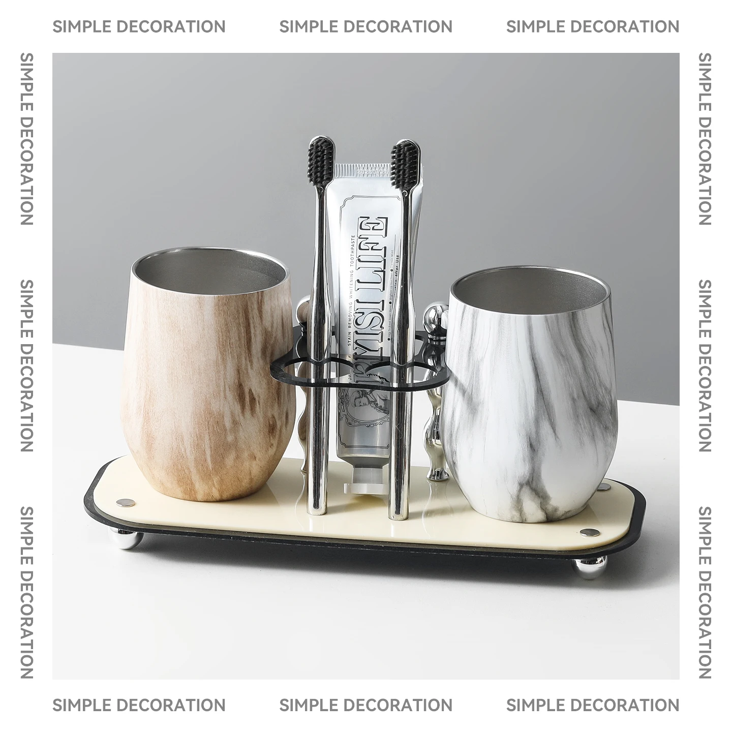 

Stainless Steel Wooden Texture Couple Toothbrush Cup Set Nordic Style Bathroom Creative Washing Cup Pair Toothbrush Holder