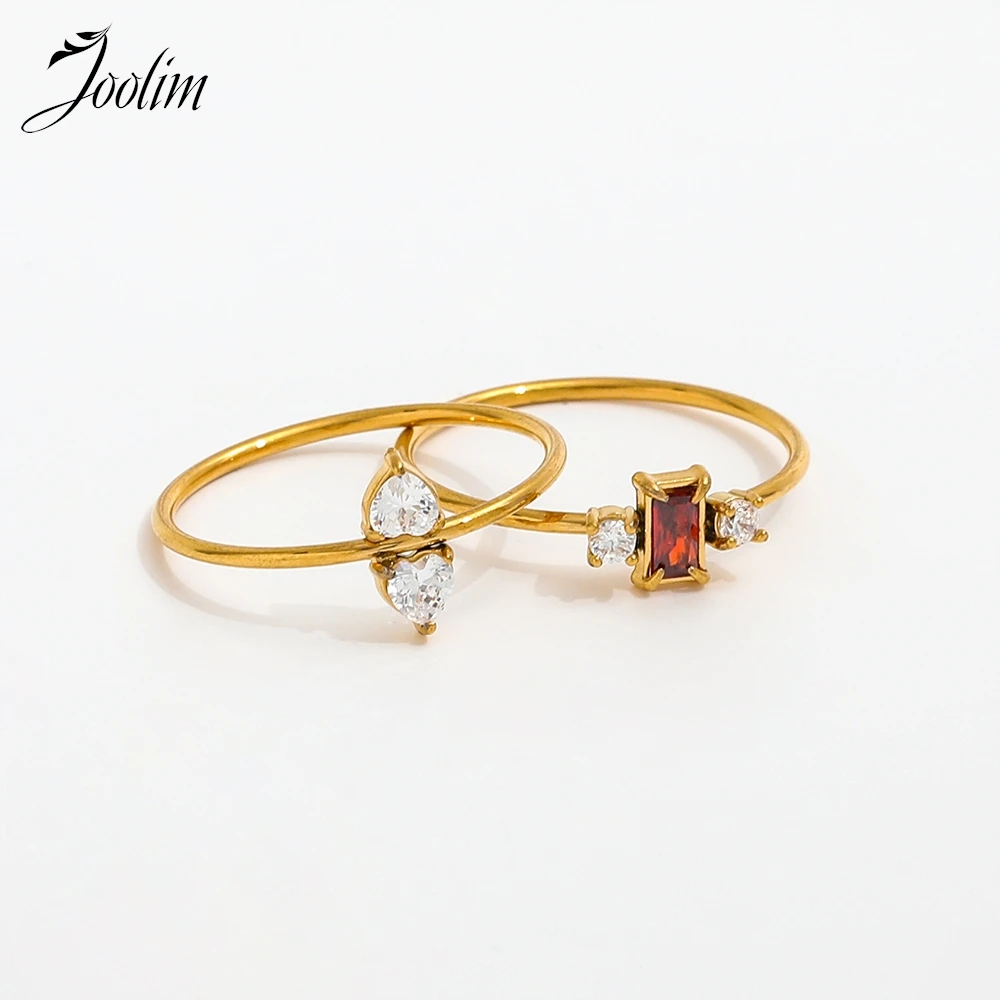 Joolim Jewelry Wholesale High End PVD Tarnish Free Fashion 2 Peach Hearts Rectangle Red Zirconia Stainless Steel Ring For Women