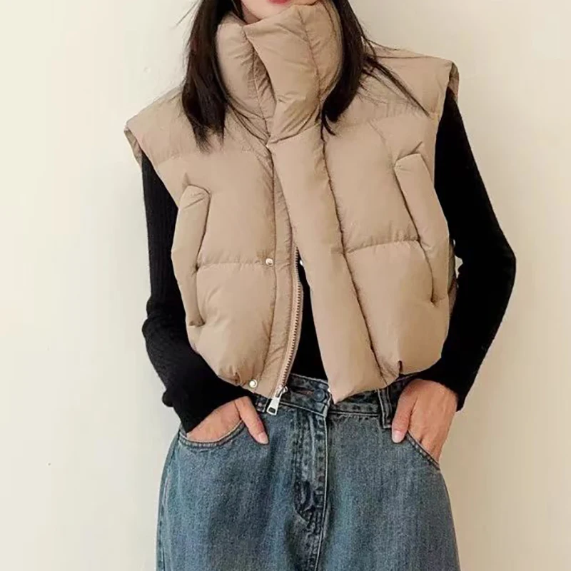 ITOOLIN Women Casual Loose Thicken Jacket Coat Mock Neck Zipper Up Solid Warm Sleeveless Vest Coat Women Down Jacket Fall Winter