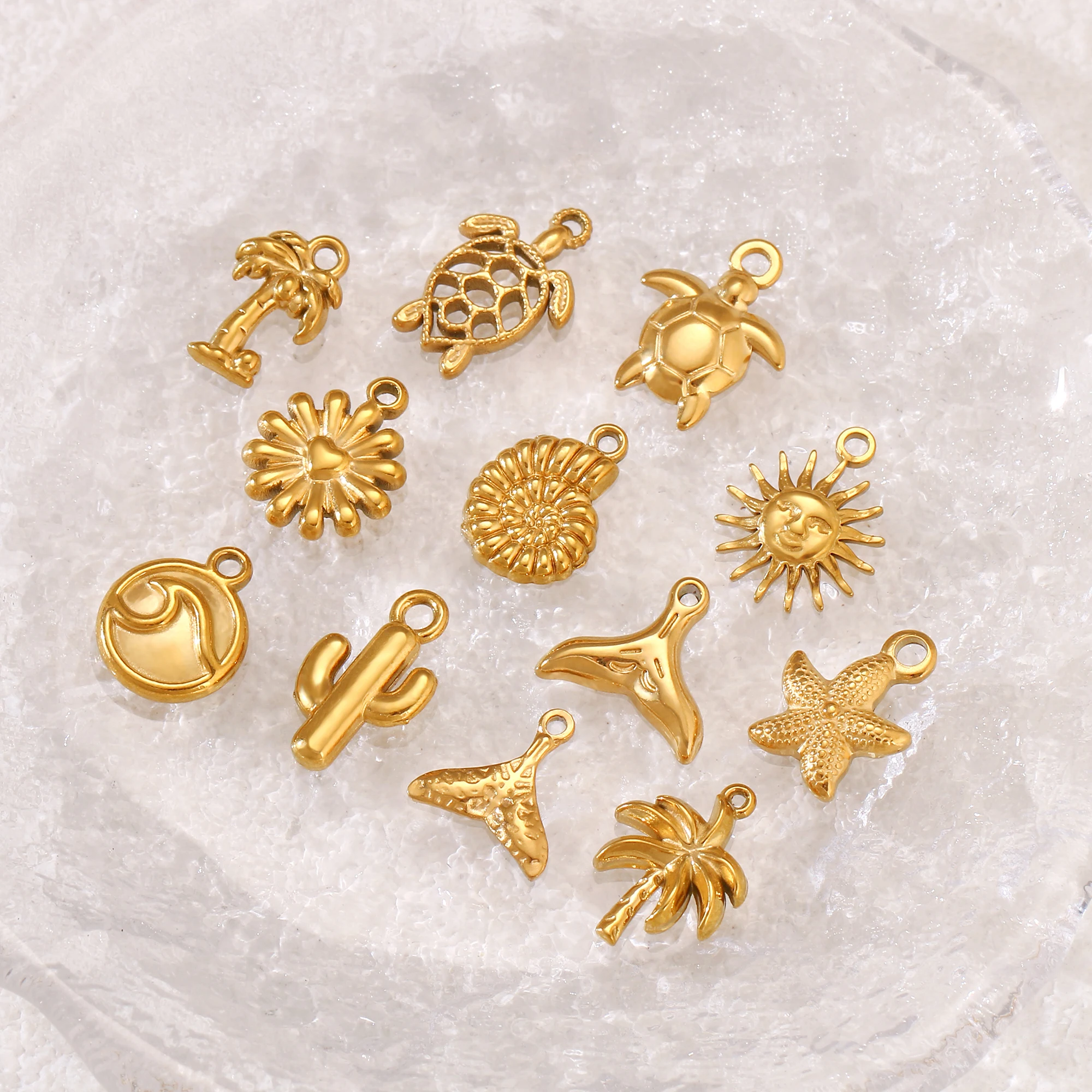 3Pcs Small Tropical Coconut Tree/Sea Wave/Cactus Charms Stainless Steel Pendant DIY Bracelet Necklace Jewelry Making Accessories view 3