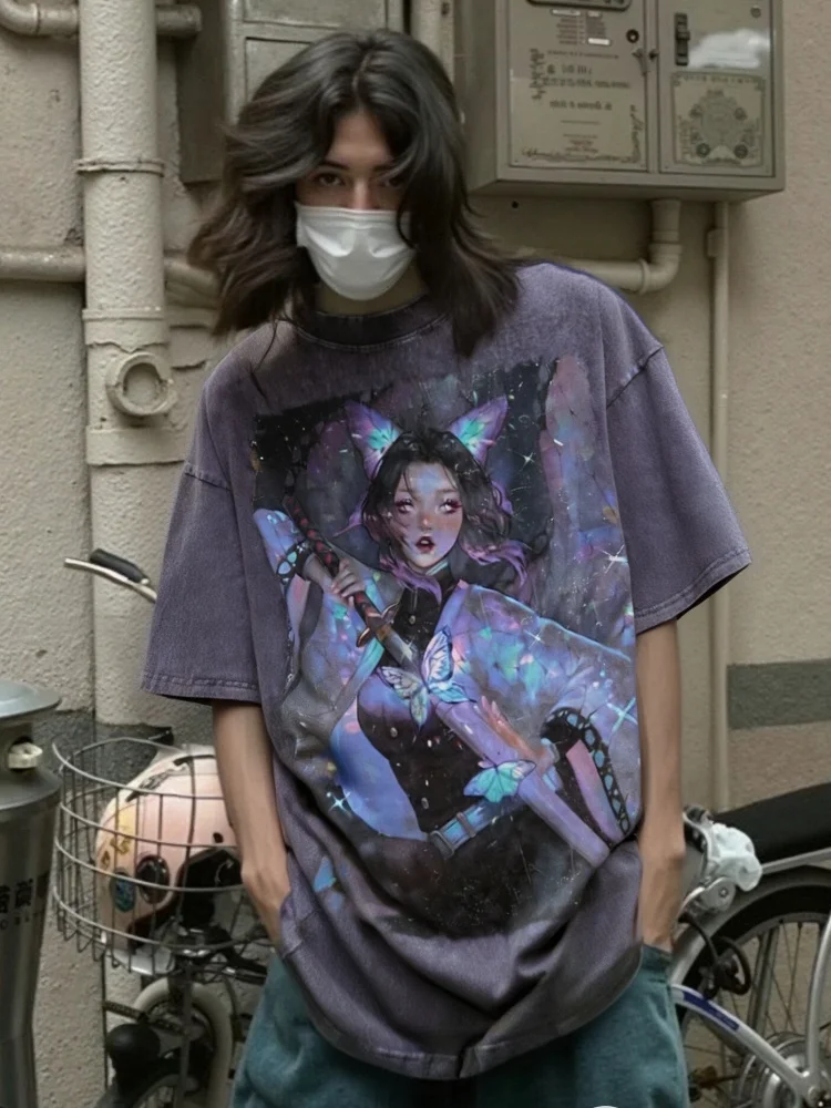 

Men's Vintage Cool Graphic Anime Shirt Fashion Short Sleeve O-neck Cotton Washed Acid Tees Oversized Hiphop Fall Heavyweight Top