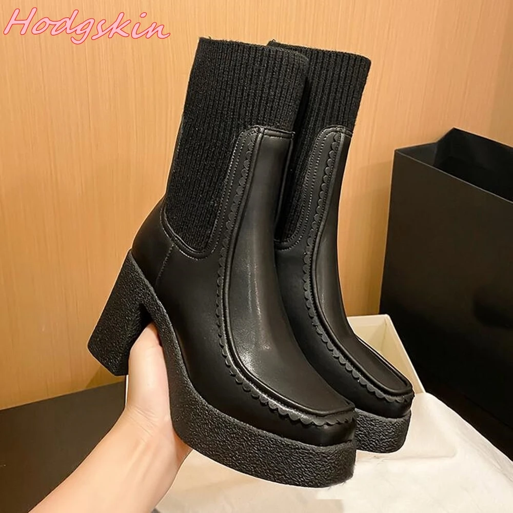 Thick Sole Stretch Boots for Women Autumn Winter Chunky Heels Mid Calf Boots High Heel Mixed Colors Leather Short Classic Boots