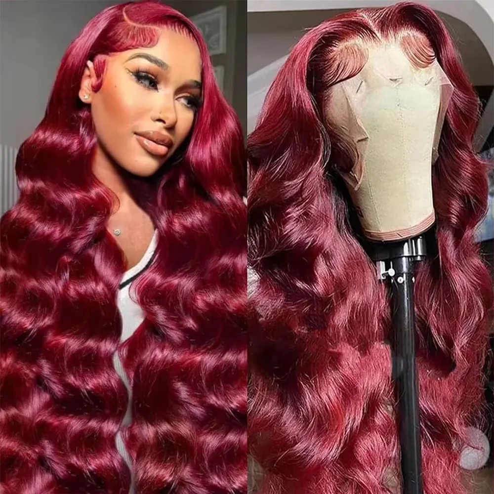

99J Burgundy 13x6 HD Lace Frontal Human Hair Wig Body Wave 220 Density 30 40 Inch Red Colored Lace Frontal Wigs Brazilian