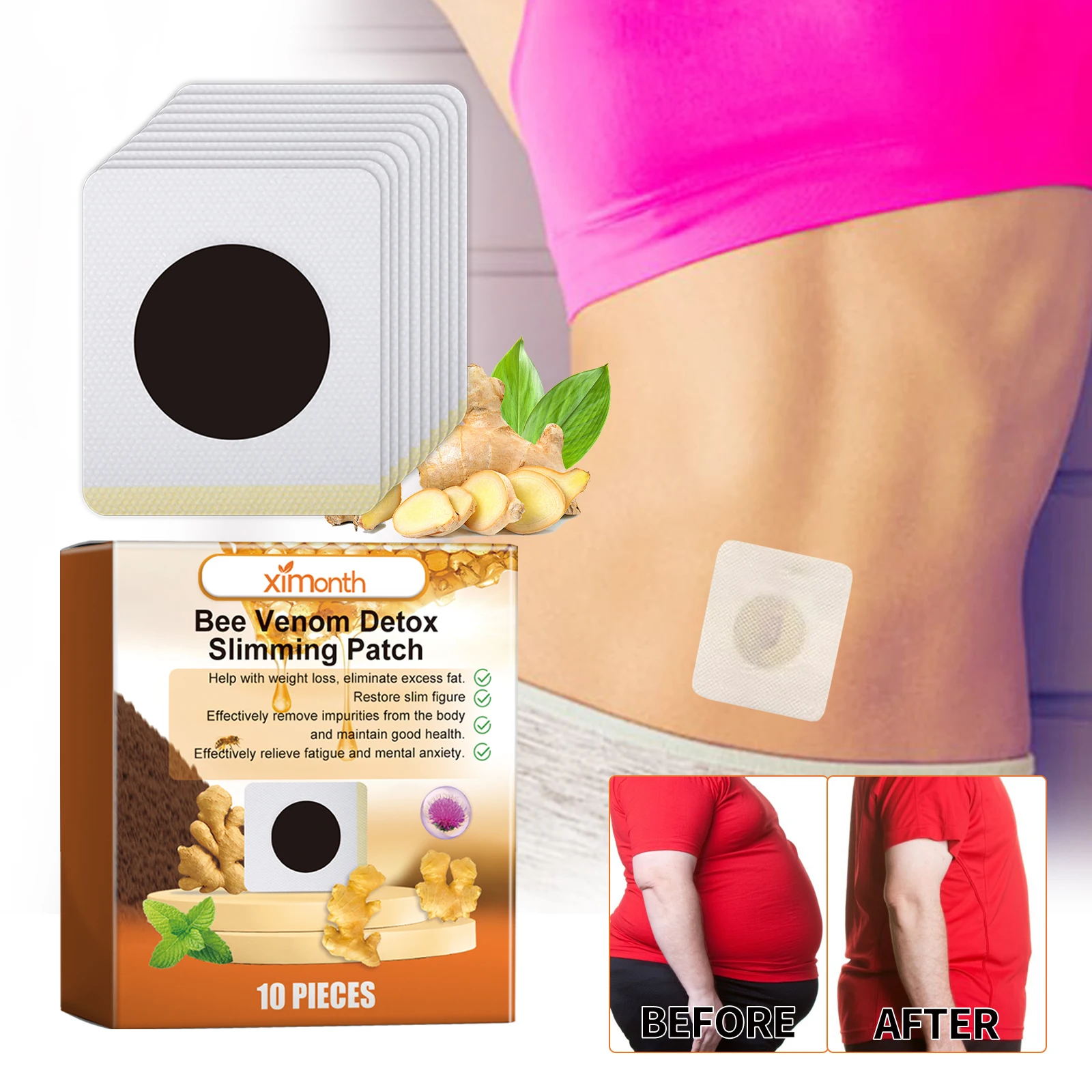 Ximonth 10 Pcs Bee Venom Detox Slimming Patch Fast Burn Fat Relieve Fatigue Skin Friendly Curve Shape Suitable for Men and Women