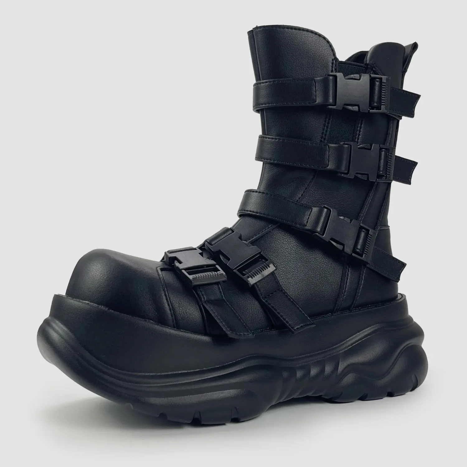 Women Gothic Punk Multi Plastic Buckle Soft Faux Leather Platform Round Toe Ankle Biker Boots For Y2K Alt Street Daily Party