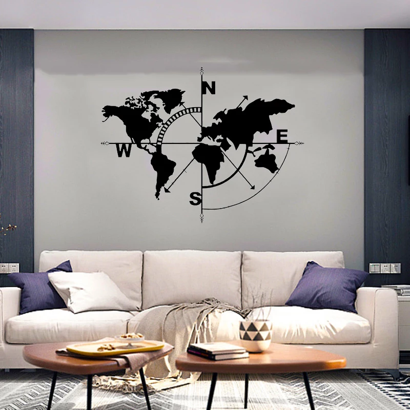 

Metal World Map Wall Art Wall Silhouette Wall Compass Decor Home Office Room Decoration Kitchen Bathroom Accessories Decorative