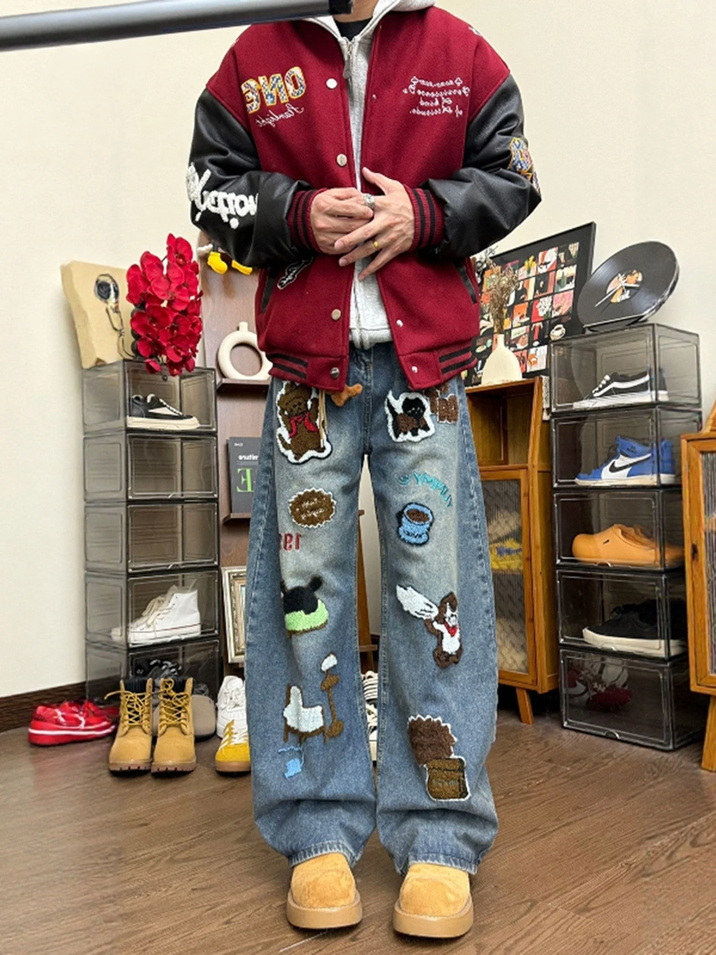 

Мужские джинсы в стиле ретро с американской синей мультяшной вышивкой, свободные, широкие, модные повседневные брюки, трендовые свободные брюки-карго