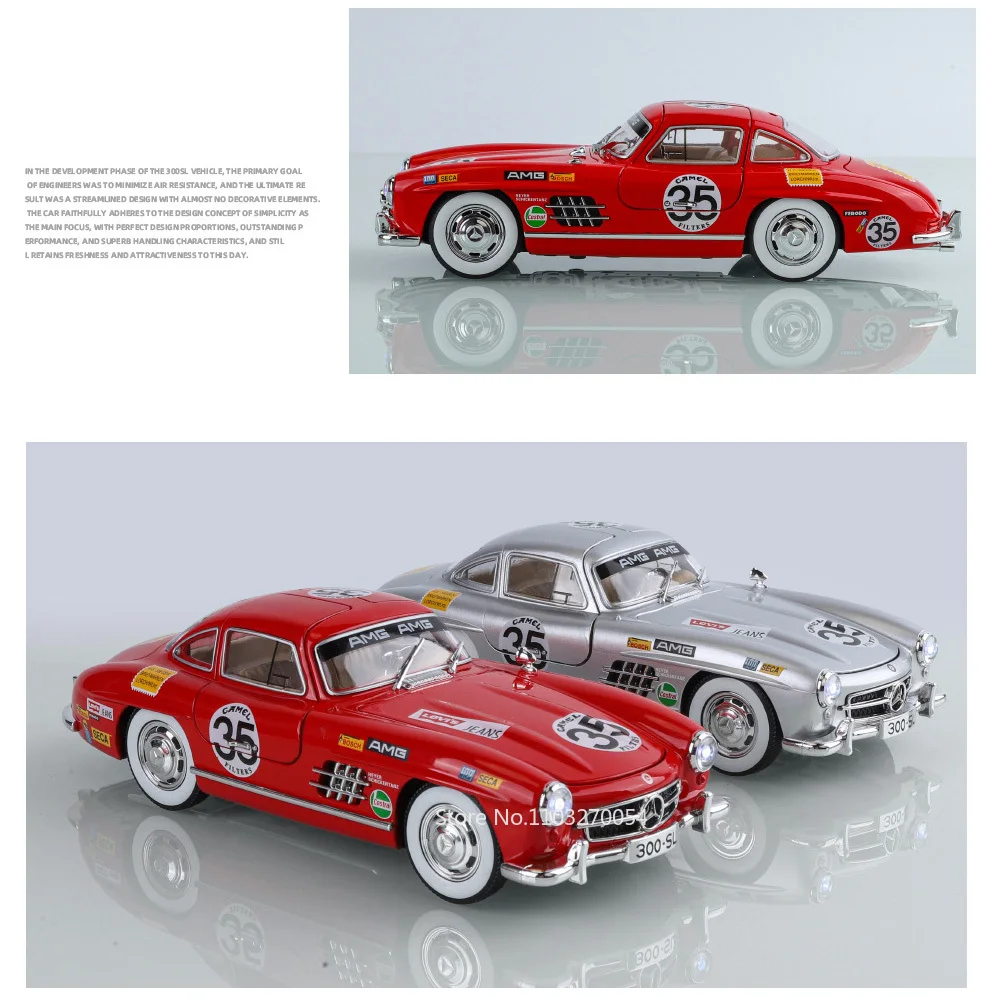 1/24 300SL Vintage Car Model Toys Alloy Diecast Printed Version 4 Doors Opened Rubber Tires Sound Light Pull Back Toy Kids Gifts