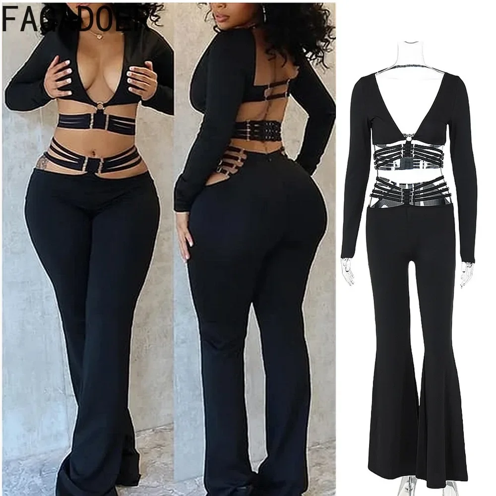 FAGADOER Sexy 2 Piece Sets Women Outfit Hollow Out Backless Bandage Patchwork Crop Top + Flared Pants Suits Streetwear 2025 New