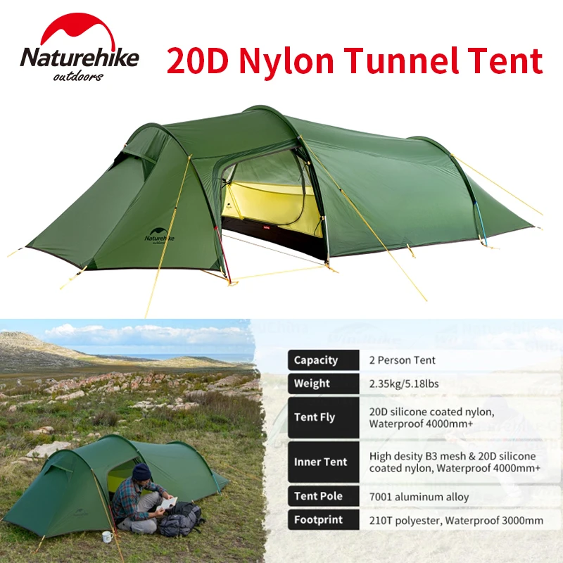 

Naturehike 20D Nylon Tunnel Tent Waterproof 4 Season Camping Tent Outdoor Hiking for 2/3/4 Person Portable Tent with Vestibule