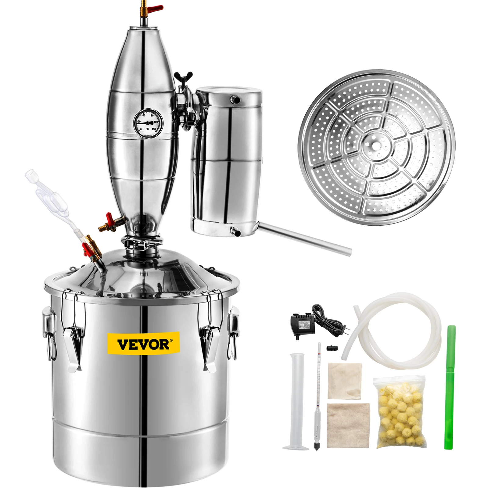 Distillateur 20L Alambic Distillation Eau Acier INOX Kit Fermenteur 5 kg Riz Cylindre Gradué 100ml Thermomètre Grand Réservoir pour Fermentation Boissons Sauce de Soja Vinaigre 30x30 cm