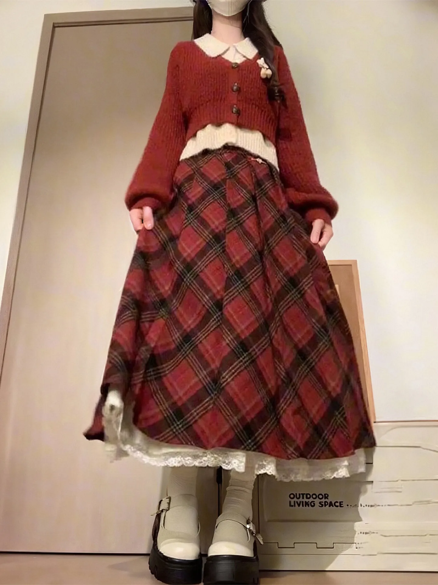 

Winter Faion plus Size Women's Knitted Sweater And Plaid Skirt Set Casual Sle High Waist Warm Polyester Fabric