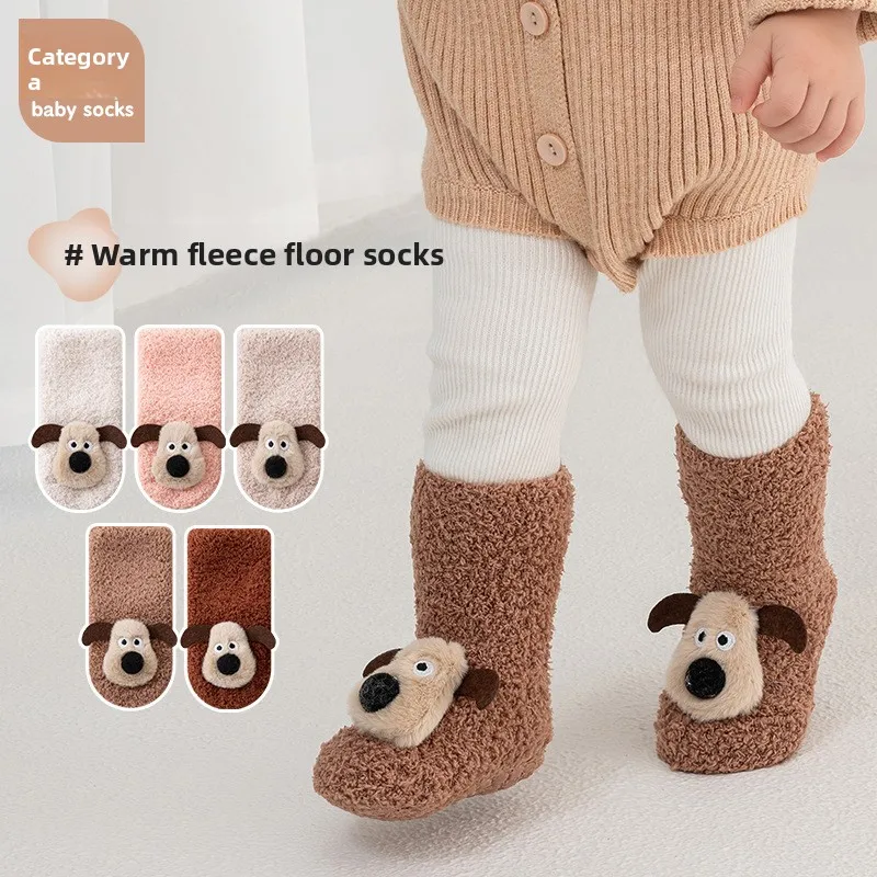 Baby Winter Thermal Socks 2 Pairs Ultra Soft Plush Half-Sided Puppy Anti-Slip Floor Socks for Newborns Crawling Toddlers