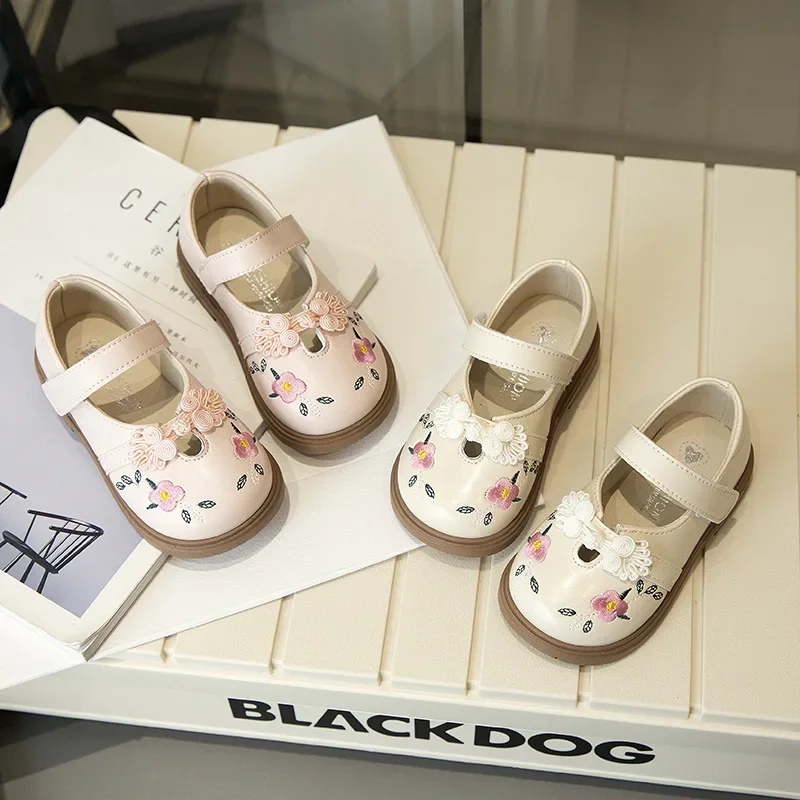 Spring Autumn Girls Embroidered Princess Shoes Children Hanfu Fashion Leather Shoes Ancient Style Solid Color Soft Soled Shoes