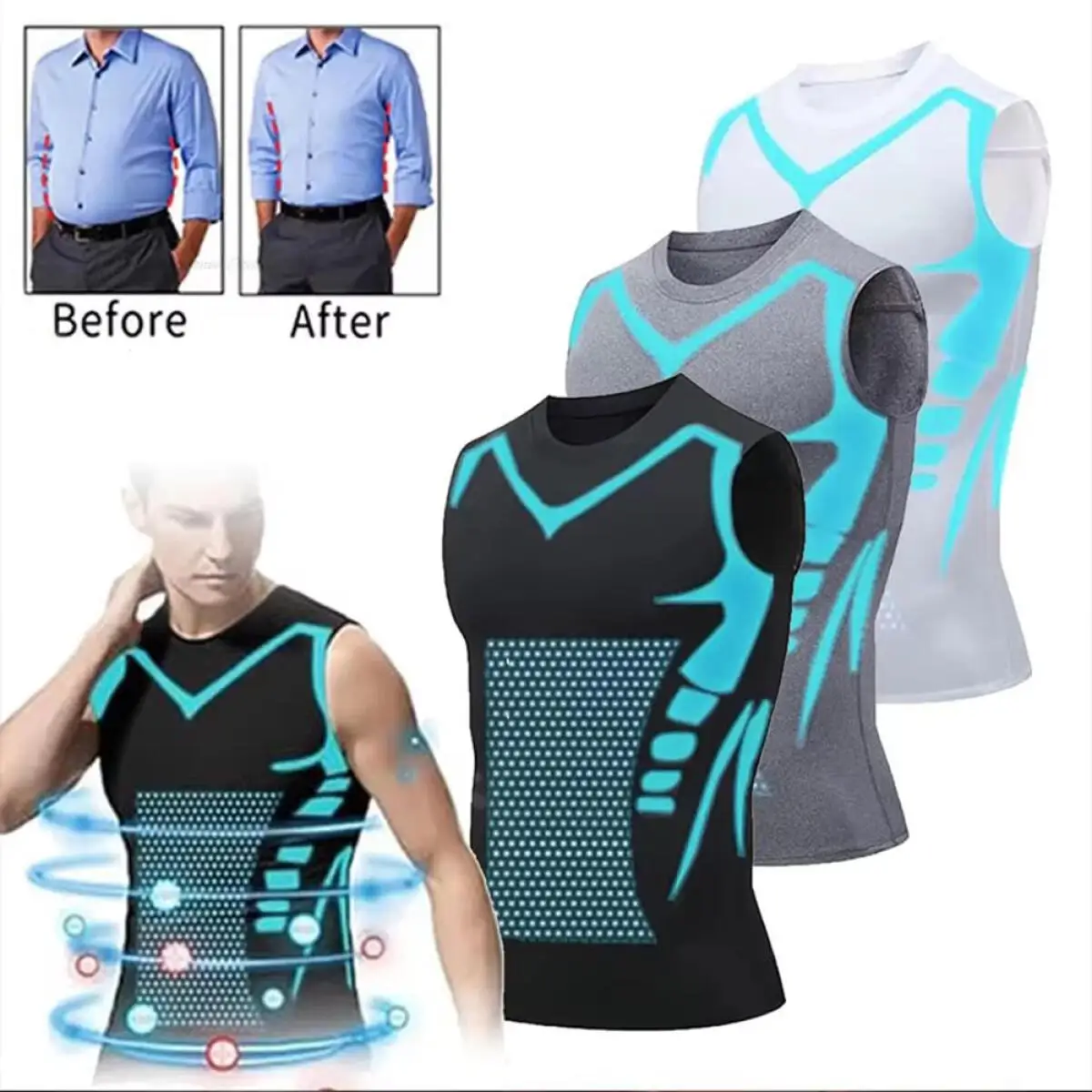 Nouveau débardeur de compression d'été pour hommes, gilet de thérapie sans manches en soie glacée, gaine amincissante pour le corps