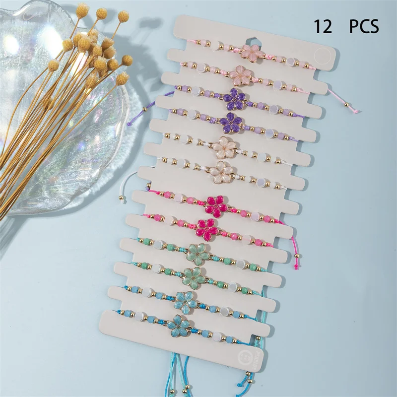 12pcs/set Colorful Flower Alloy Charms Bracelet Set For Women Hand-woven Acrylic Beads Rope Adjustable Bracelet Jewelry Gifts
