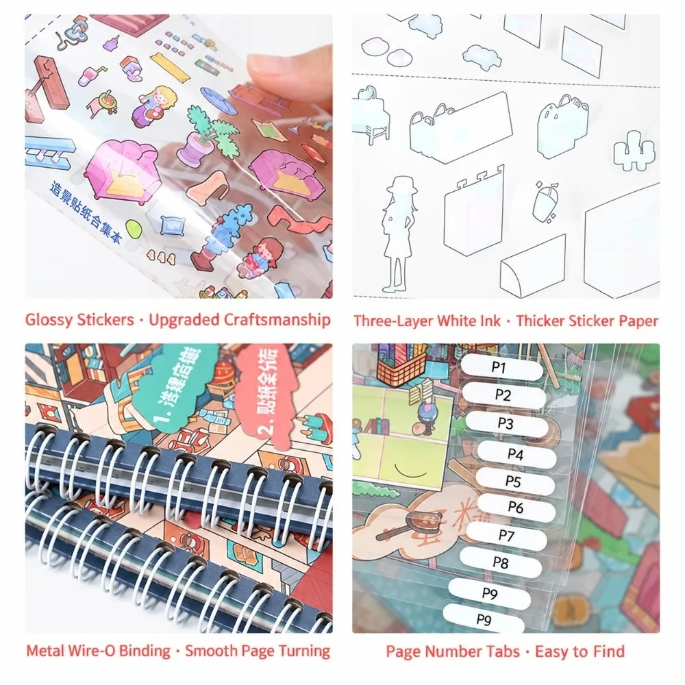 Street Scene Grid Room Landscape Sticker Collection Book PET Die-Cut 3D Miniature Scene Stickers Collage DIY Cabin Scene Sticker