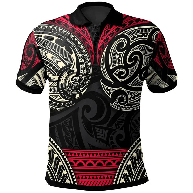 Polynesian Element Pattern Polo Shirt Men 3d Print Lapel Short Sleeves Loose Button Tee Shirts Casual Streetwear MaleT-Shirt Top