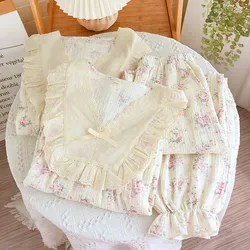 NEW Cute Korean Pajama For Women Loose Sweet Lace Princess Style Soft Cotton Pajamas Skin-friendly Casual Homewear Sleep Set