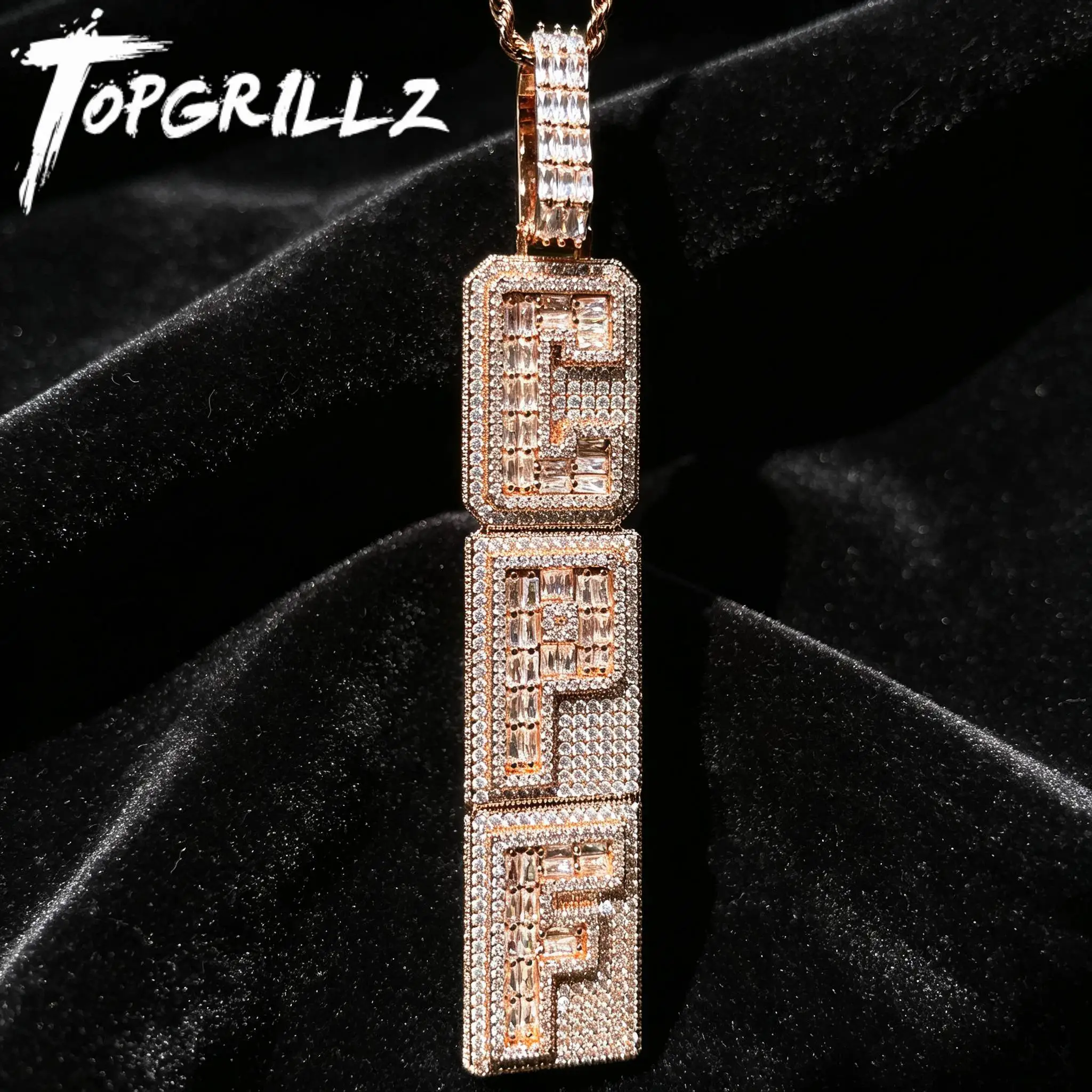 TOPGRILLZ Custom Name Vertical Letter Pendant Baguette CZ Iced Out Charm Hip Hop Necklace Jewelry Men Women