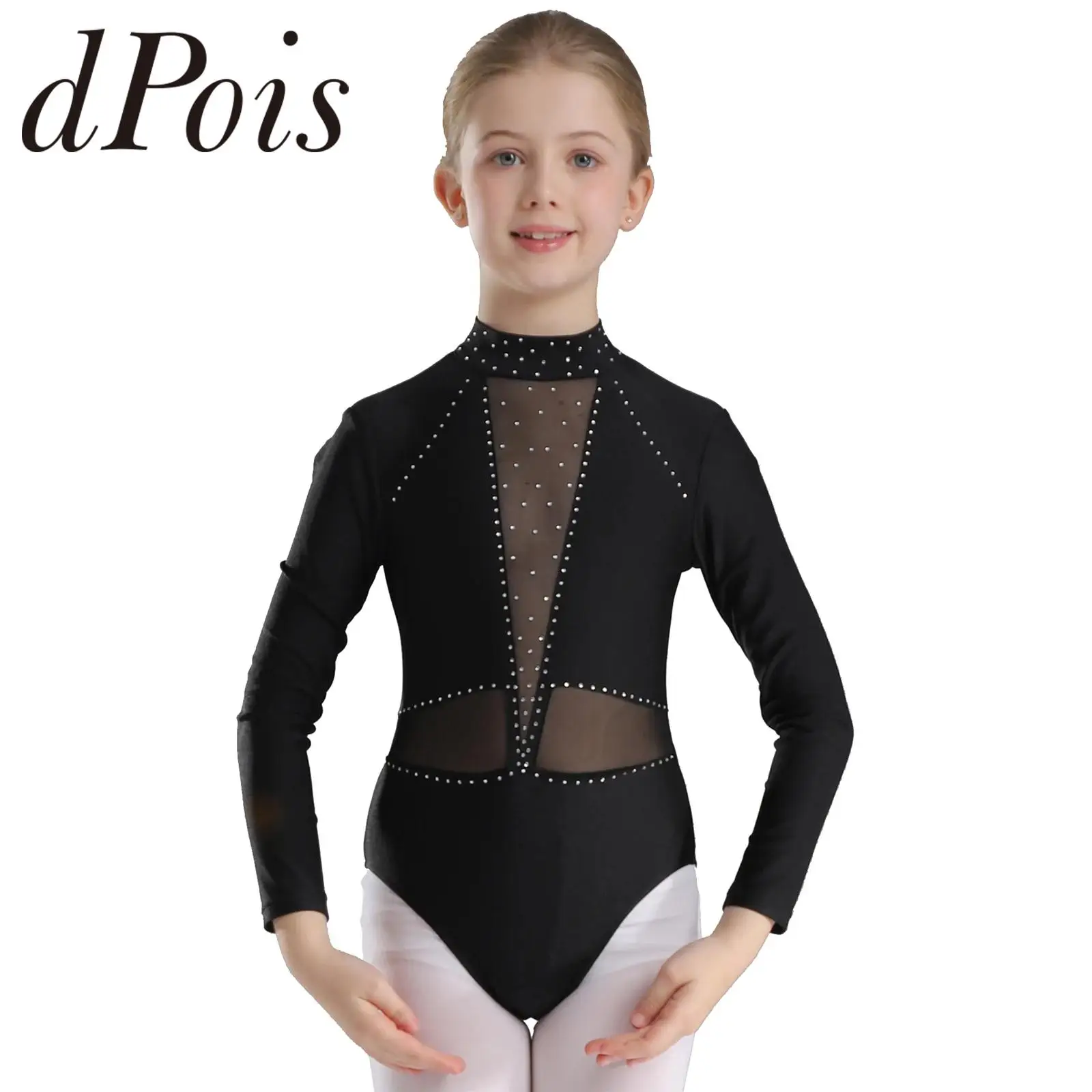 Kids Girls Long Sleeve Keyhole Back Bodysuit Gymnastics Jumpsuit Sheer Mesh Splice Ballet Dance Leotard Figure Skating Costume