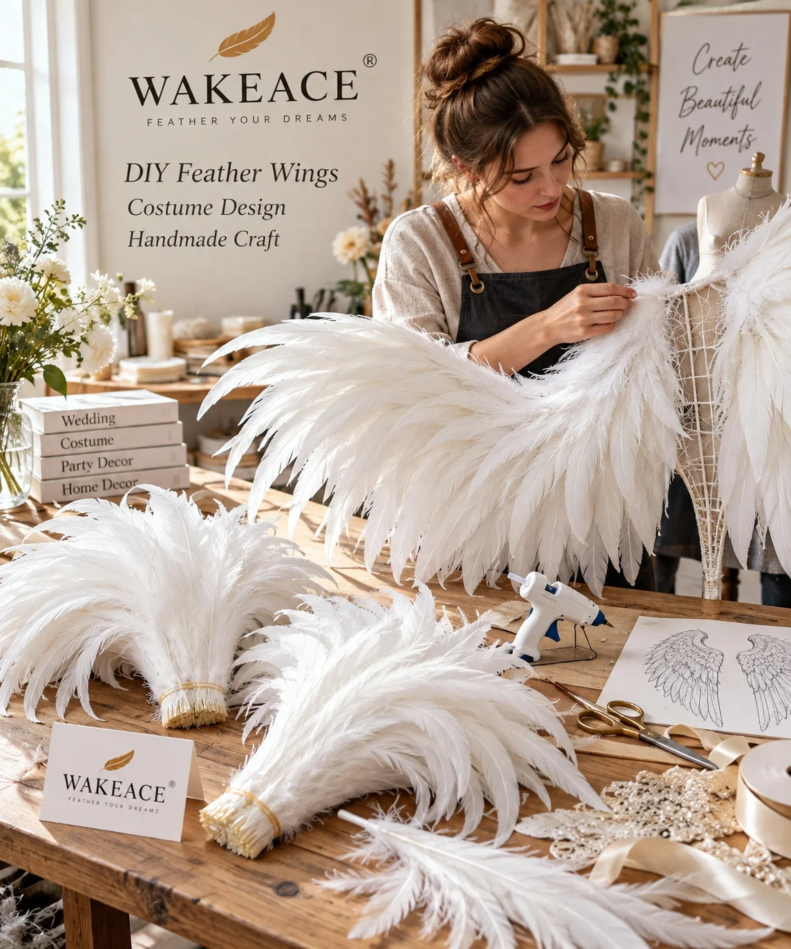 100pcs Fashion DIY Feathers 40-45cm/16-18inch Pure White Rooster Tail Feather for Costume&Mask Coque