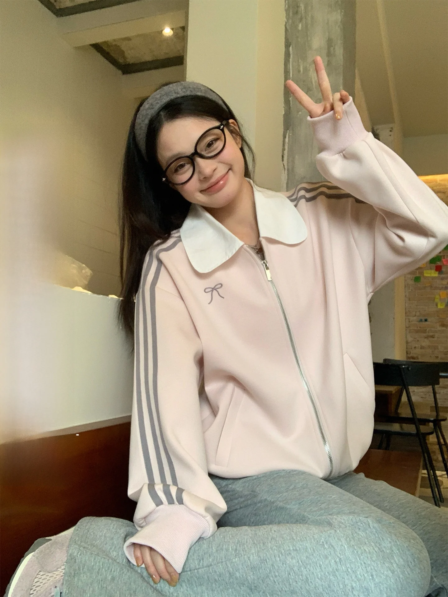 

Pink Loose Cardigan Sweatshirt Jacket Women's Spring Korean Style Zipper Unique Beautiful Casual Versatile Top
