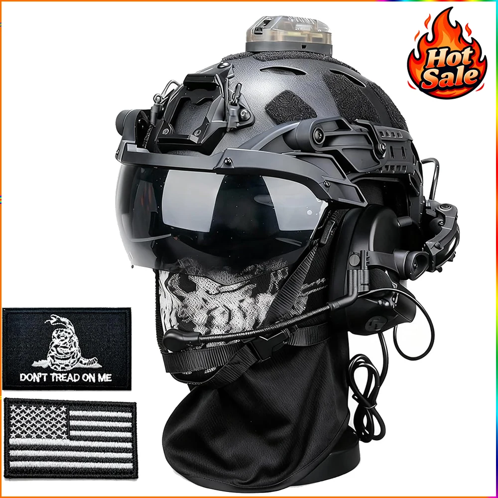 

Complete Bump Helmet Kit w/Helmet Headset & Patches Ready for Airsoft Hunting Tactical Training Compatible with NVG helmet light
