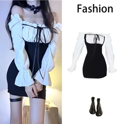 Kuzuwata Sexy Fake Two-piece Black Mini Dress 2023 Summer New Women Bag Hip Long sleeve College Outfits Beach Club Party Dresses