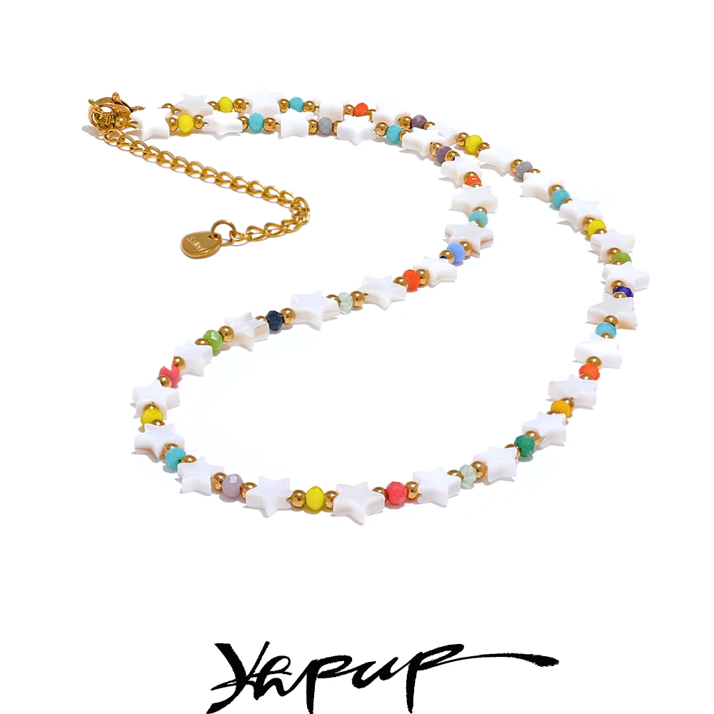 Yhpup Natural Shell Star Colorful Crystal Handmade Chain Necklace Stainless Steel Trendy Collar Summer Jewelry 2024 Gift