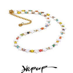 Yhpup Natural Shell Star Colorful Crystal Handmade Chain Necklace Stainless Steel Trendy Collar Summer Jewelry Gift
