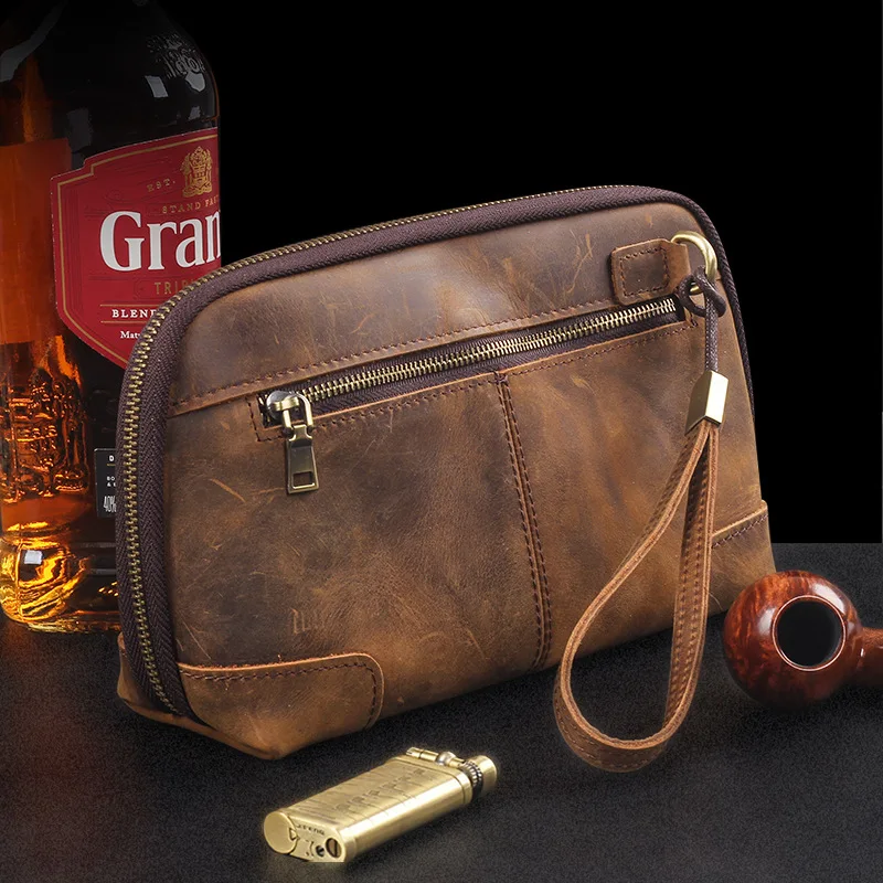 

Pipe bag Large capacity storage Crazy horse leather Handmade multi-functional retro clutch bag Men's cut tobacco
