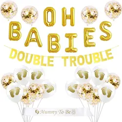 Twins Baby Shower Decorations Set Gold Double Trouble Banner OH BABIES Balloons Mummy To Be Sash for Babies Party Supplies