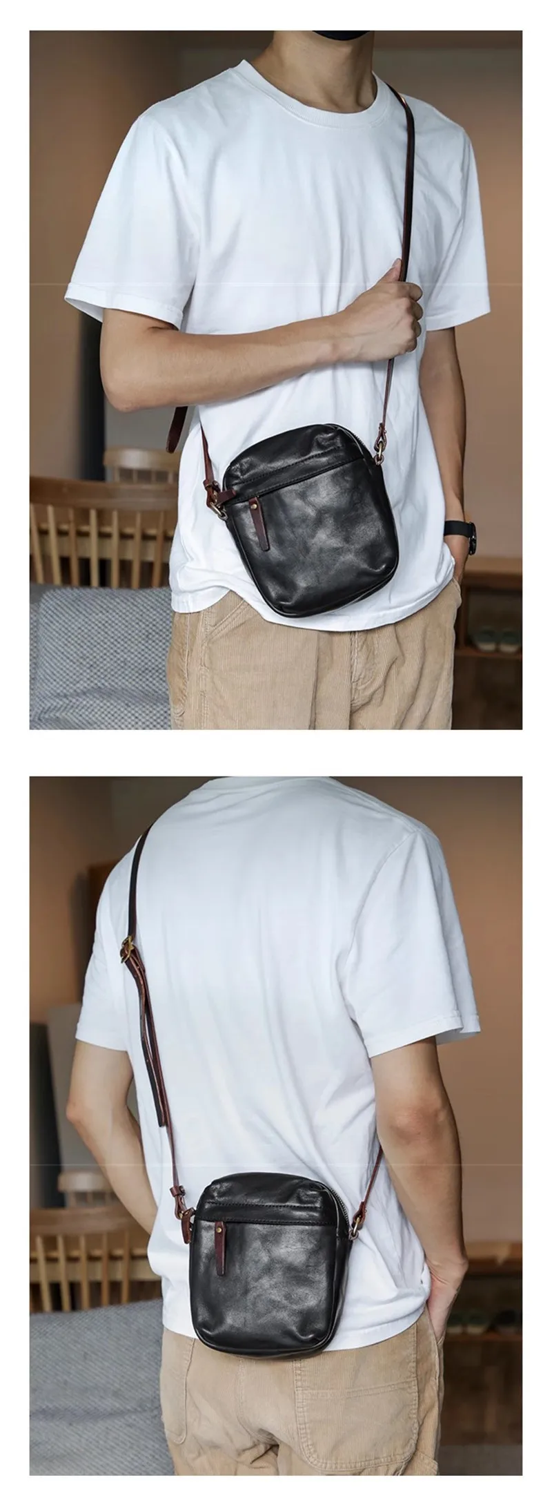 PNDME Einfache Vintage Luxus Echtleder Herren-Umhängetasche Outdoor Wochenend- und Alltagstasche aus natürlichem Rindsleder Handy-Umhängetasche – Detail 2