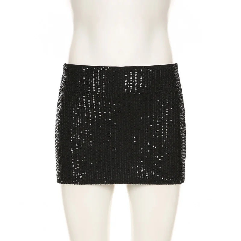 HOUZHOU Mini falda de lentejuelas para mujer Y2K Sexy cintura baja ajustada A-line Falda corta brillante con lentejuelas High Street Evening Party Club