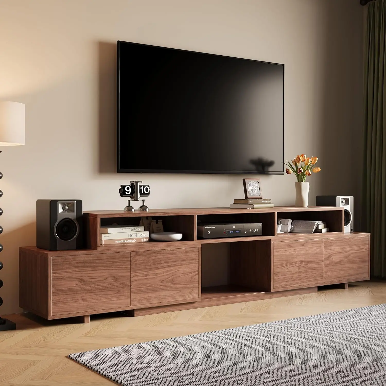 

TV Stand for 65-100 Inches TVs - Walnut Entertainment Console with 2 Cabinets, 3 Open Compartments & 1 Adjustable Shelf