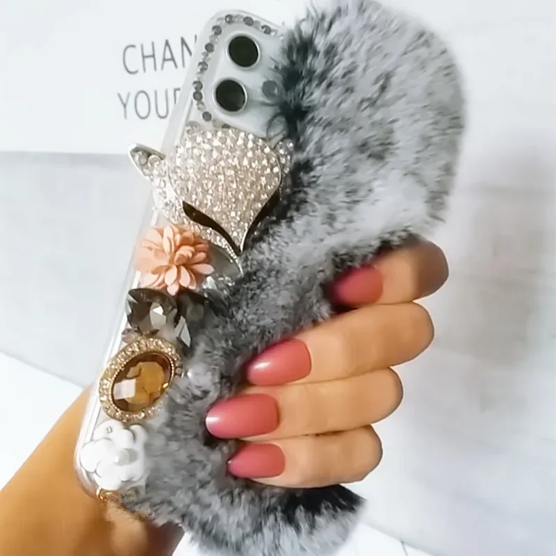 

Real Rabbit Fur Cover for Xiaomi Redmi 8A, 9A, 9C, 10X, Note 8, 9, 10 Pro, Luxury Glitter Bling Rhinestone Case, Big Diamond