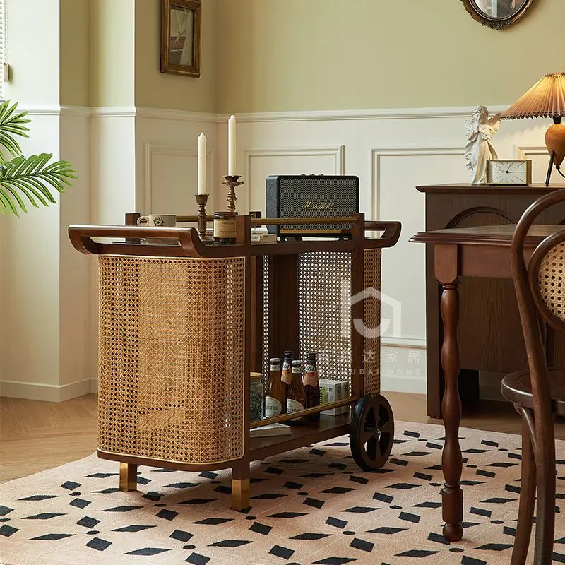 French medieval cart, side by the sofa in the living room, movable dining car, solid wood double layer, shelf, hotel commercial