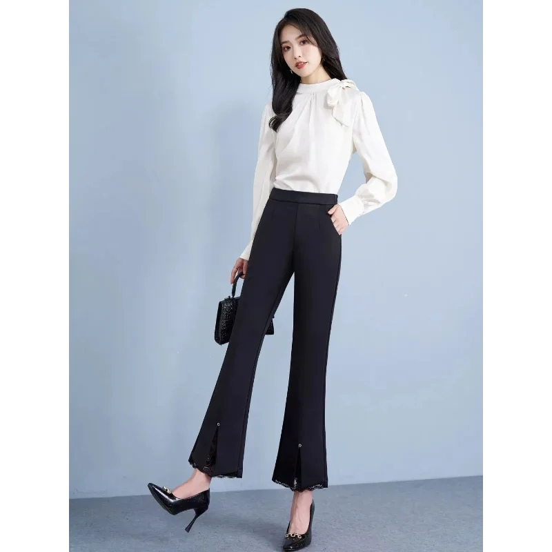 Verão estiramento-flare calças de cintura alta cintura alta perna larga rendas calças retas preto casual feminino