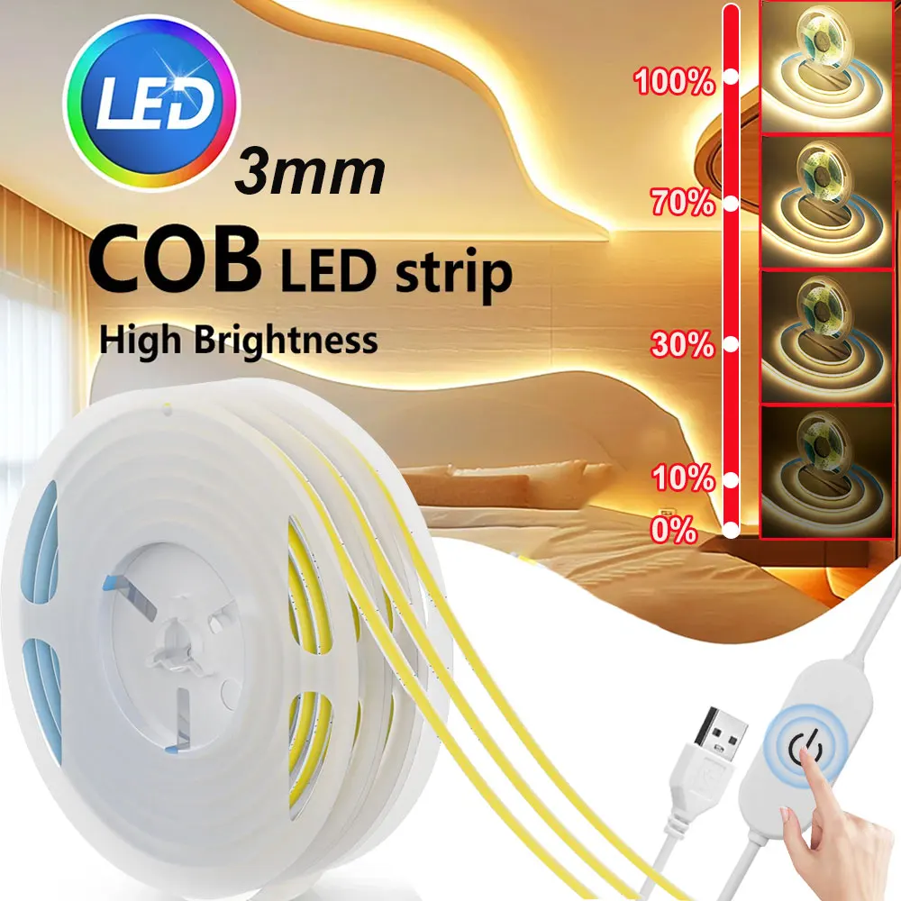 

COB Lights LED Strip 3mm Ultal Thin COB LED Strip Lights with Touch Switch Linear Lighting Lamps LED Tape Light for DIY, Bedroom