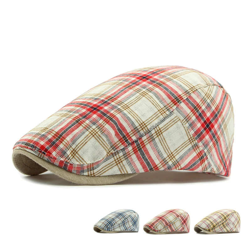 

Plaid Pattern Men's Beret Literary Style Clothing Decoration Cotton Hat Spring Summer Outdoor Sun Protection Breathable Hat