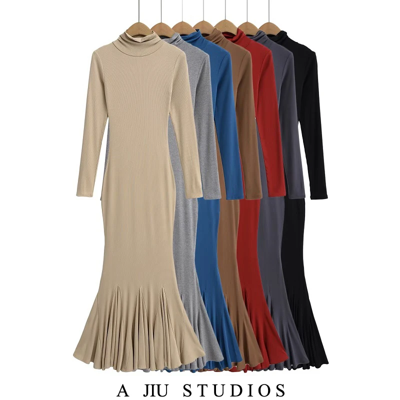 

Вязаная юбка Fi Tail Dr с высоким воротником для похудения, длинный базовый слой, женская весенне-осенняя юбка с родом лотоса, Pure Desire Sle