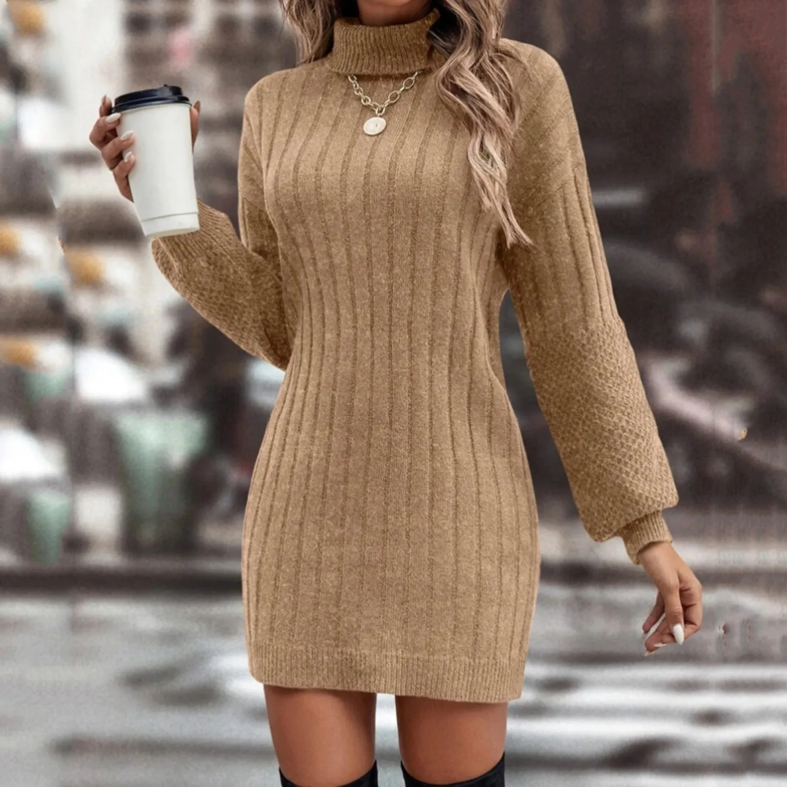 

Rib Knitted TurtleNeck Long Sleeved Dress Women Loose Solid Mini Dresses 2023 Fall Winter Causal Dress Robes Streetwear Vestidos