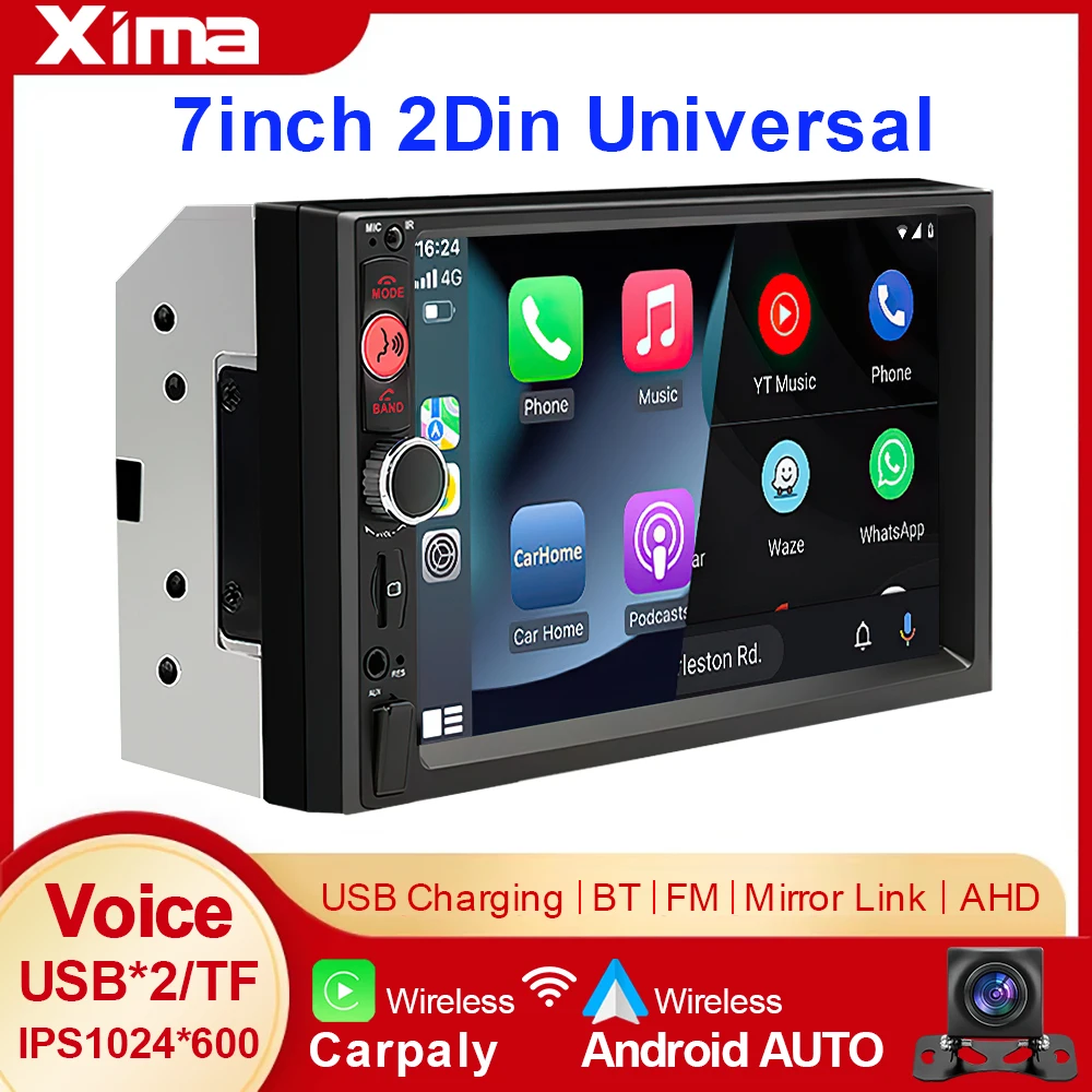 XIMA Wireless CarPlay Android Auto 7 Inch IPS 2 Din Stereo Car Radio Multimedia Player autoradio Headunit Bluetooth AHD Camera