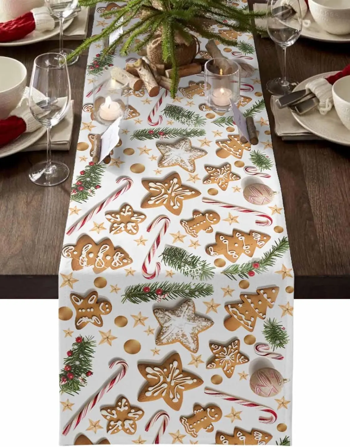 Christmas Gingerbread Pine Needles Table Runner Party Decor Reusable Winter Kitchen Dining Table Runner Christmas Decorations