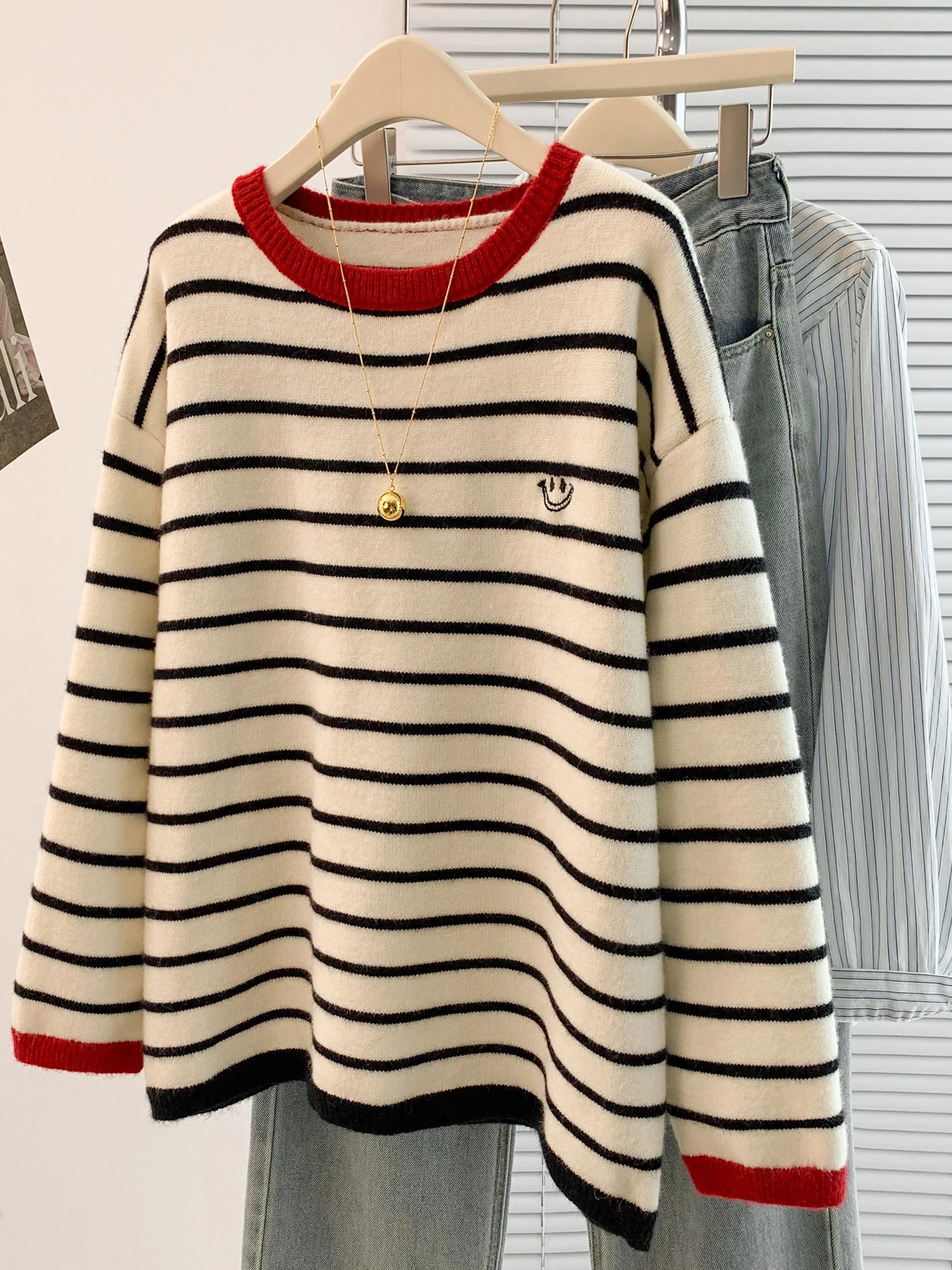 

Loose Casual Oversized Women's Knitted Sweater Crew Ne Embroidered T-irt Sle Autumn Winter Faion Commute Wear