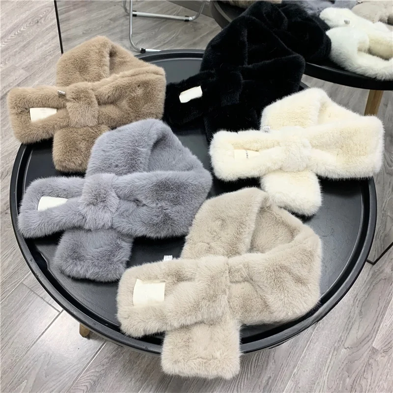 

Quali Women's Faionable Winter Scarf Rabbit Fur Crossed Fluffy Design Polyester Fiber Korean Sle Wide 2cm Long 87cm