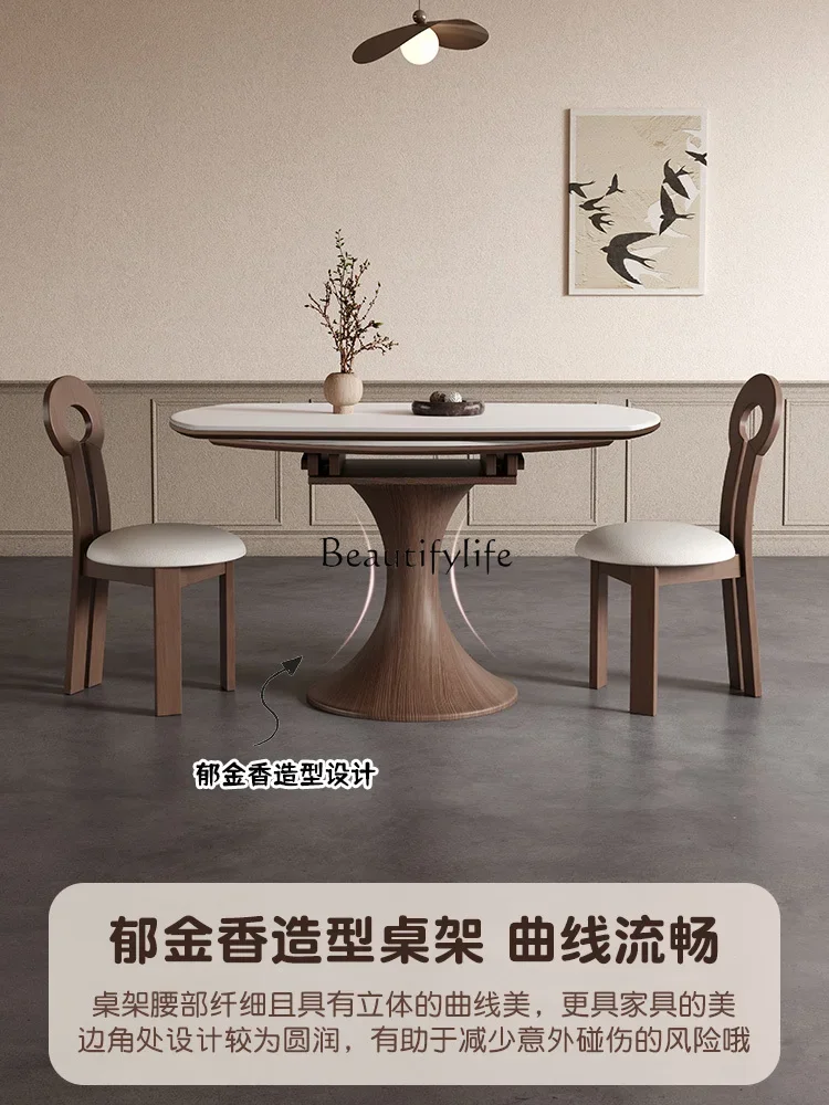 Retro style tulip rock slab solid wood dining table retractable round table modern light luxury